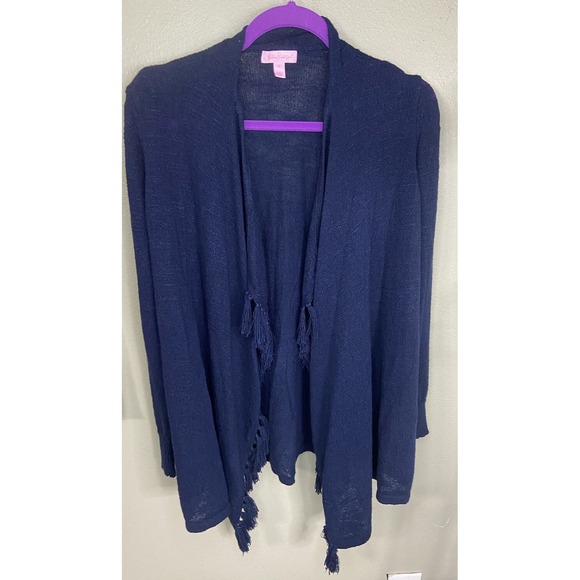 Lilly Pulitzer Sweater Cardigan Womens Large Navy Tatum Open Fringe Boho Light - Picture 2 of 10